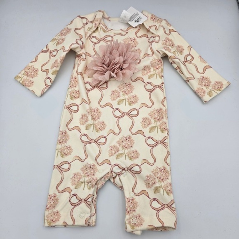 Baby Essentials‎ 3M Hydrangea Bow Romper with 3D Floral Applique Cream Pink NEW